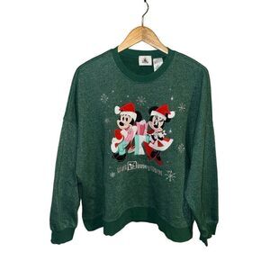 Walt Disney World Mickey & Minnie Green Christmas Holiday Embroidered Sweatshirt